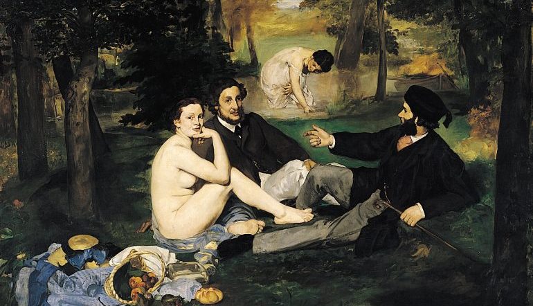 Manet's Luncheon on the Grass painting - naked woman sitting with two clothed men, a woman in a dress in the river in the background