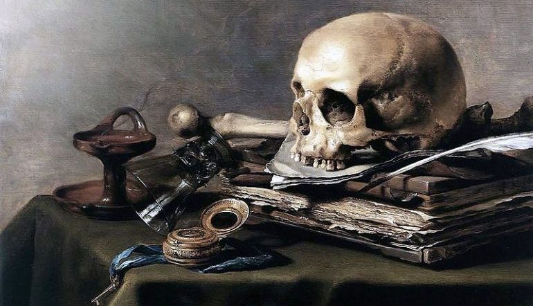 Vanitas Still Life painting - tabletop with skull, paper, trinkets