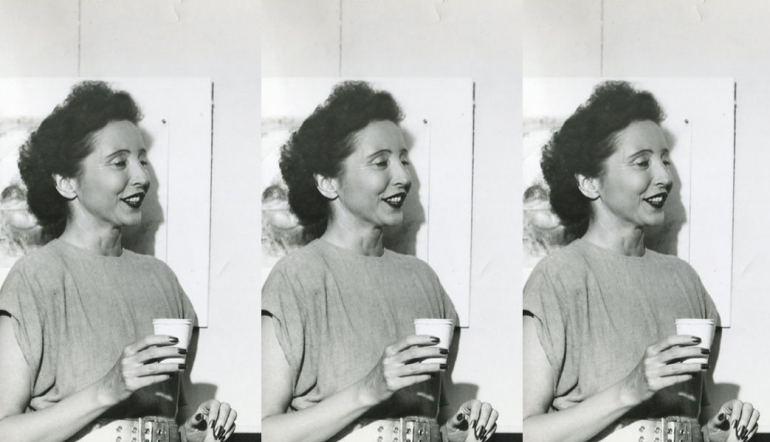 black and white photo in a repeated pattern of Anais Nin holding a cup