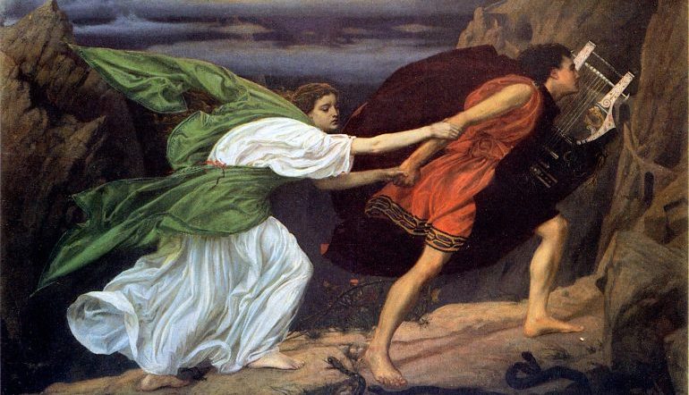 painting of Orpheus holding his lyre in one hand and taking the hand of Eurydices in the other as they flee