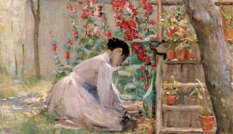 painting of a woman gardening, red flowers, potted plants on a wooden shelf
