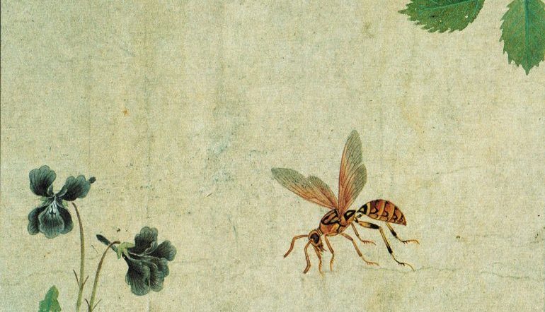 Beauty on the Shrub, painting by Ma Ch'üan of an insect flying towards a sparse blue-flowered plant