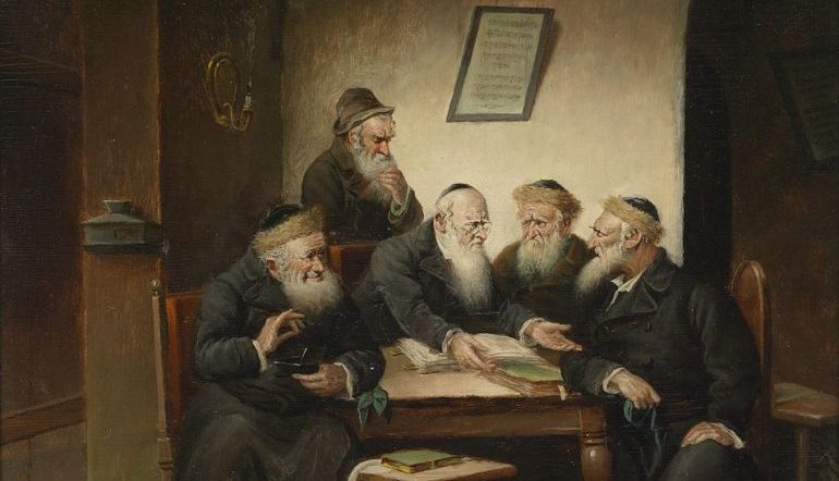 painting of a group of rabbis sitting around a table, seemingly arguing over a text