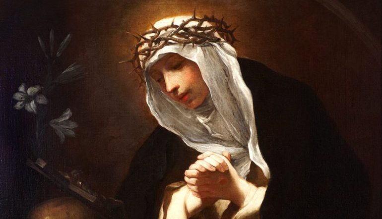 Baroque-style painting of St. Catherine of Siena, who wears a crown of thorns over her veil