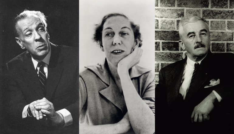 side by side portraits of Jorge Luis Borges, Eudora Welty, and William Faulkner