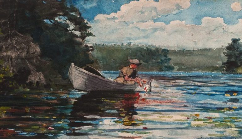 Winslow Homer painting, Pickerel Fishing - painting shows in a woman in a boat on a lake fishing