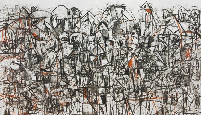 a crowded abstract drawing of black and white with orange accents