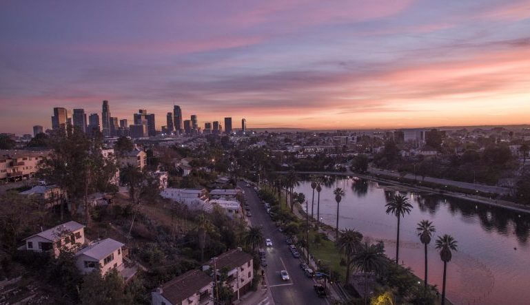 sunset in Los Angeles, with downtown LA in the distance