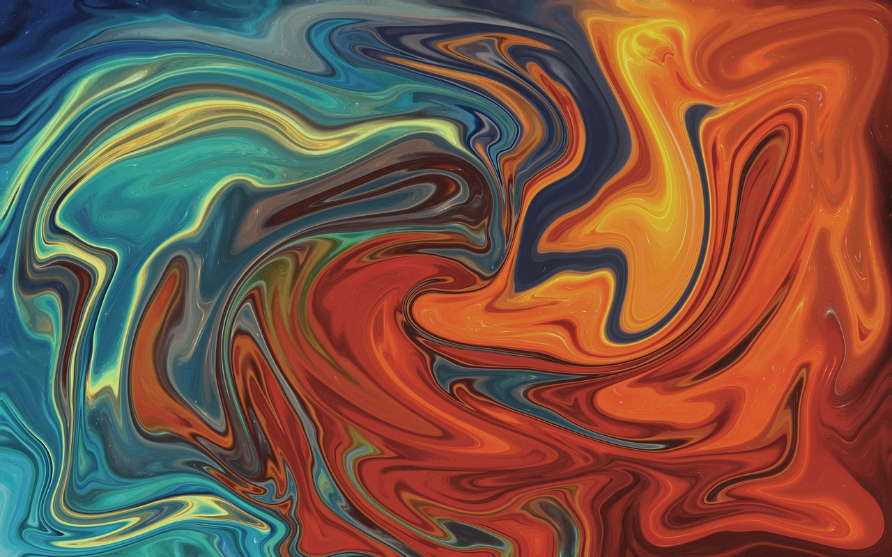 A colorful abstract painting features swirling reds and blues