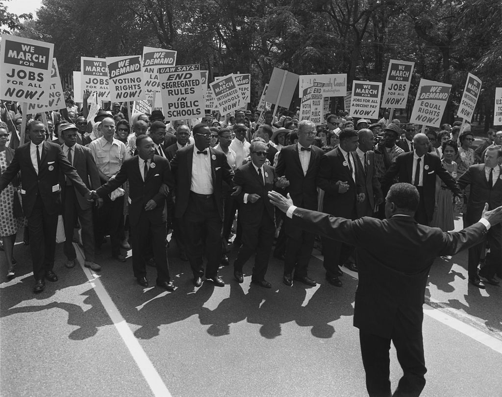 A black and white photograph of participants in the March on Washington in 1963