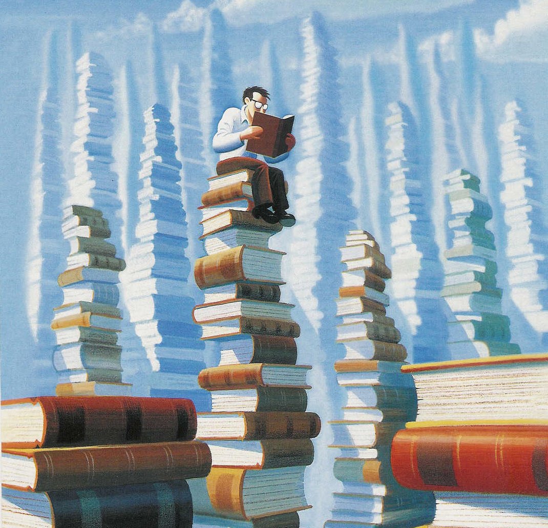illustrated rendering of stacks of books that resemble skyscrapers
