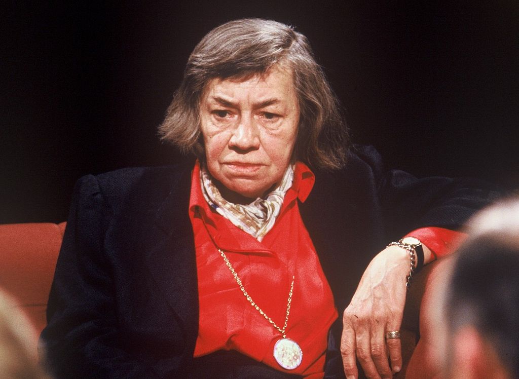 Photo of Patricia Highsmith on After Dark, sitting, looking pensive 