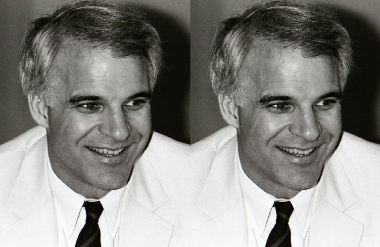 Black and white photograph of Steve Martin