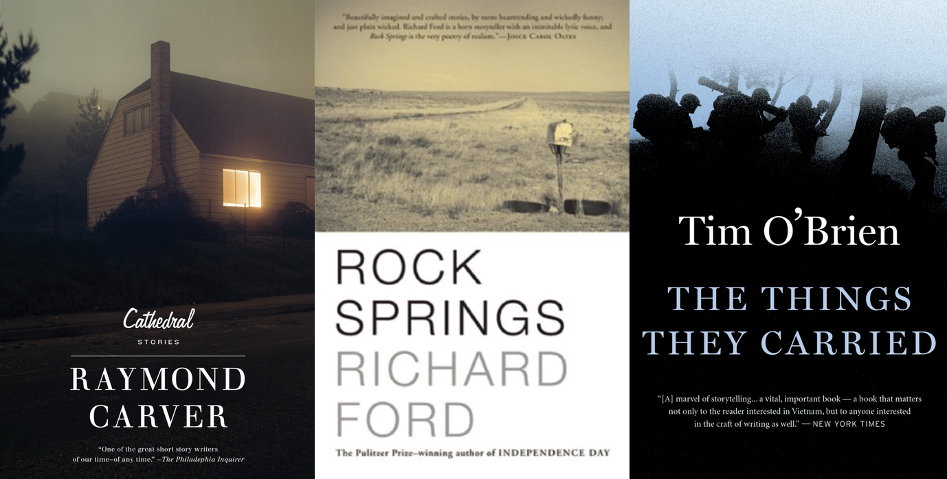 Cover art for short story collections Cathedral by Raymond Carver, Rock Springs by Richard Ford, and The Things They Carried by Tim O'Brien