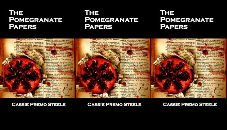 Three images of The Pomegranate Papers side-by-side. A pomegranate cut in half with seeds spilling onto and staining a book page.