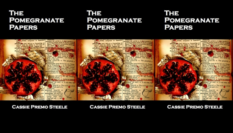 Three images of The Pomegranate Papers side-by-side. A pomegranate cut in half with seeds spilling onto and staining a book page. 