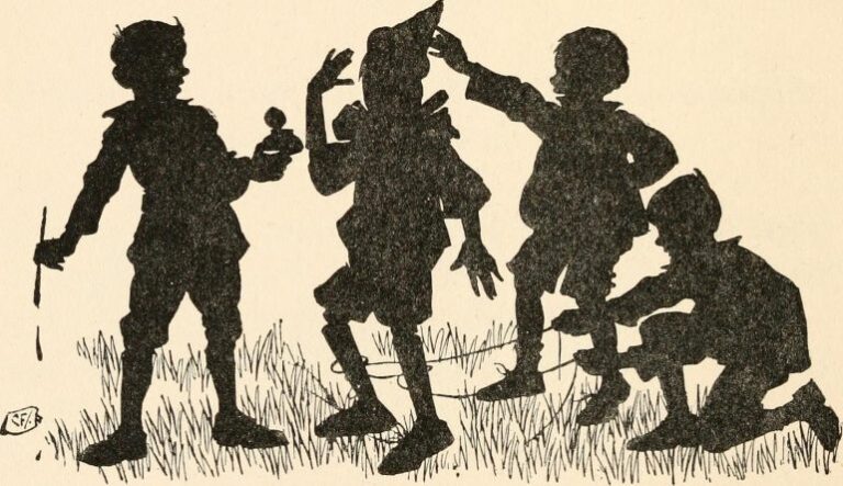 Cartoon illustration of a group of silhoutted children laughing