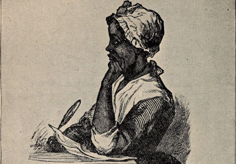 A young Phillis Wheatly sits poised ready to write with one hand holding a pen and paper, the other propped under her chin.