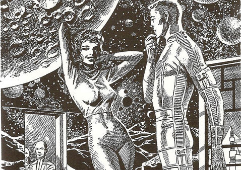 futuristic pencil drawing of a man and woman against the backdrop of a moon