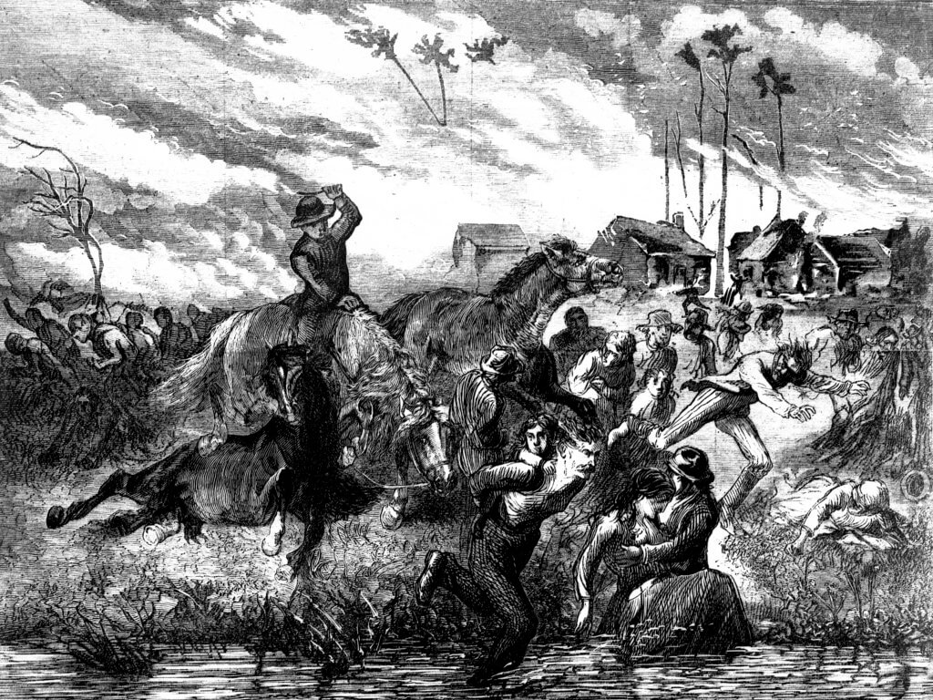 In an etching of the Peshtigo fire, people seek shelter as a man rides through them on horse-back.