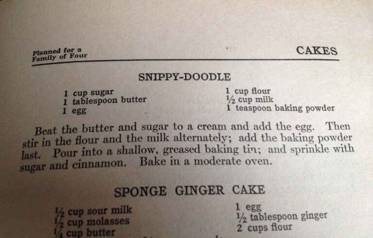 a photograph of a page from a recipe book with the headers "Snippy-Doodle" and "Sponge Ginger Cake"