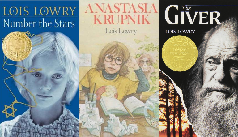 Three book covers, left is a blue hued image of a child with white hair and a gold star of David necklace, center is a drawing of a girl sitting at a desk with an open journal and crumpled pages, right is a black and white image of an old man with a long wiry beard and a tall tree against an orange sky