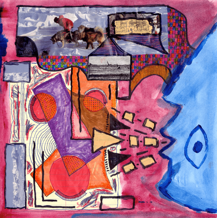 An avant garde collage of shapes and abstract faces with a color scheme of pink, orange, purple, and blue. The top of the image shows a pack of brown dogs with a man in a red coat riding one in the front.