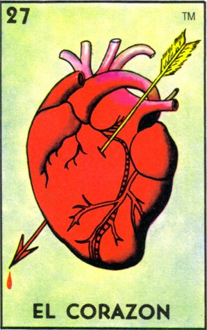 Card of an arrow going through a heart that reads: El Corazon