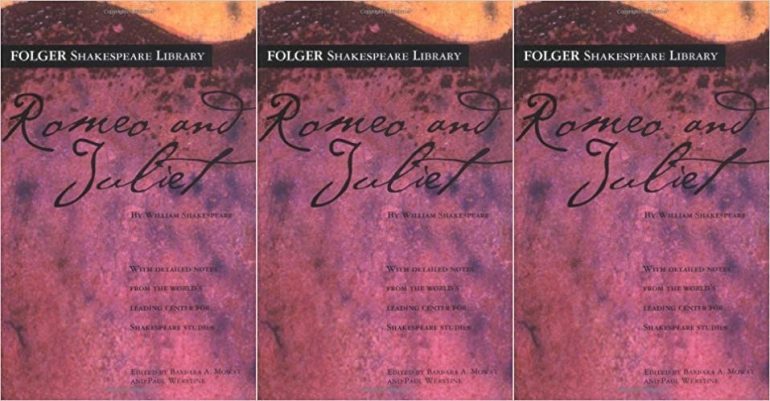 Cover of Romeo and Juliet with a pink and purple watercolor gradient background