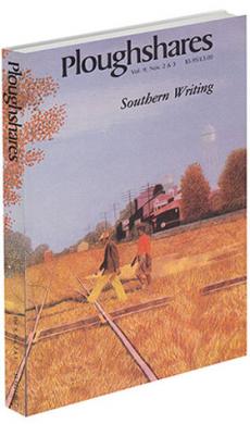 A journal cover: colored painting of two men walking across a field by a train track