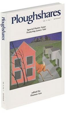 A journal cover: drawing of a deer jumping behind a house with a city in the background