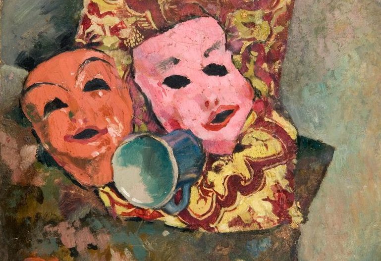 Painting of a pink and orange mask and a blue coffee mug against a brightly patterned cloth