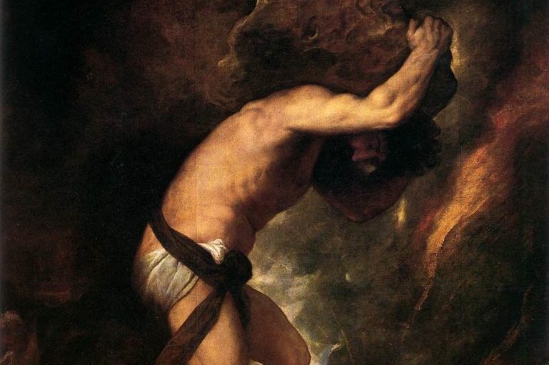 Sisyphus carrying a rock painting. 