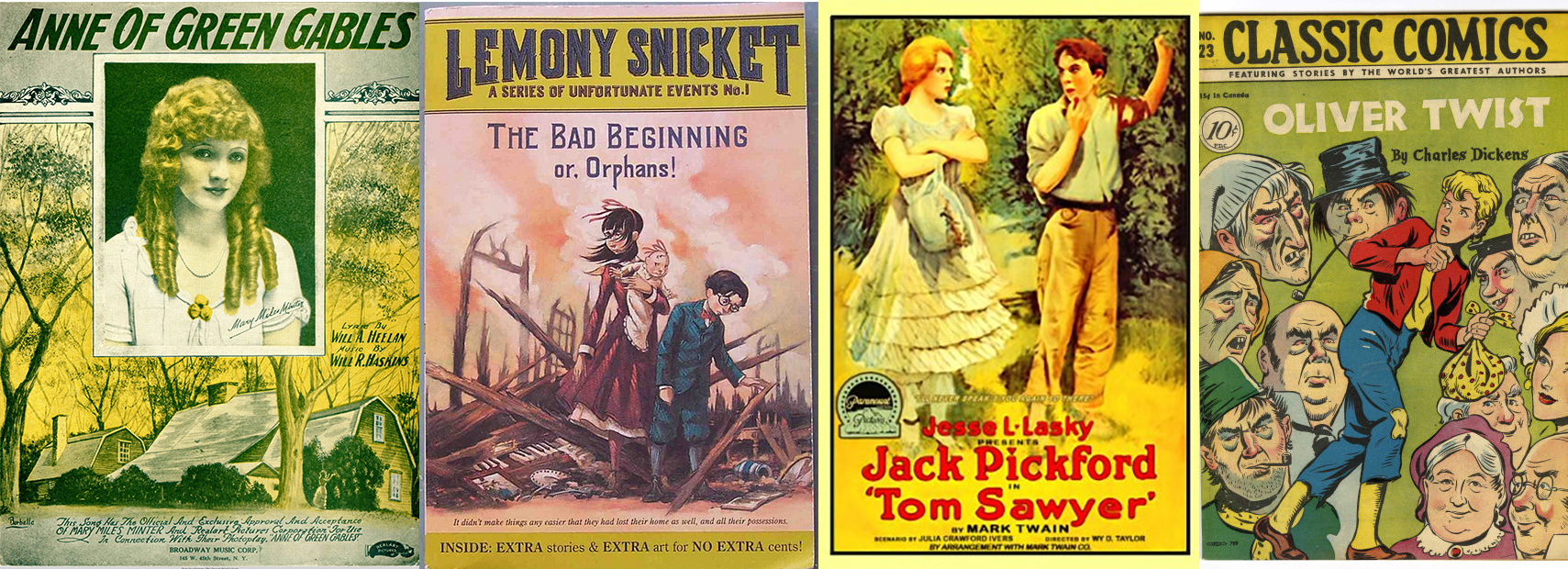 Side by side book covers of books featuring orphans. The covers include Anne of Green Gables, A Series of Unfortunate Events, Tom Sawyer, and Oliver Twist