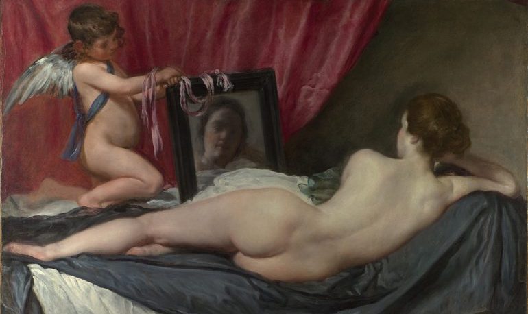 Painting of an angel holding up a mirror to a naked woman lying in bed