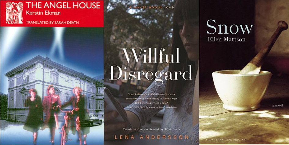 three book covers side by side, the books are The Angel House, Willful Disregard, and Snow