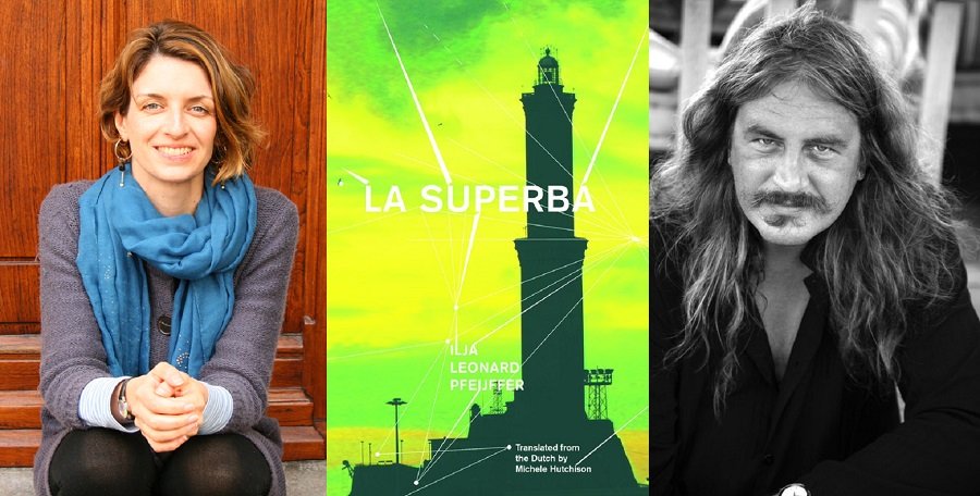 Side by side of Michelle Hutchison, the book cover of La Superba, and Ilja Leonard Pfeijffer