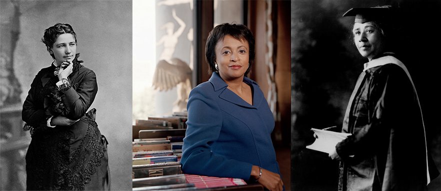 Side by side pictures of Victoria Woodhull, Carla Hayden, and Anna J. Cooper