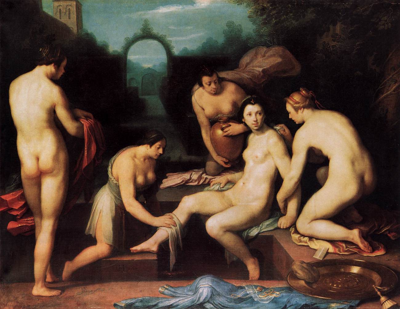 Old painting of a woman being washed by several other people