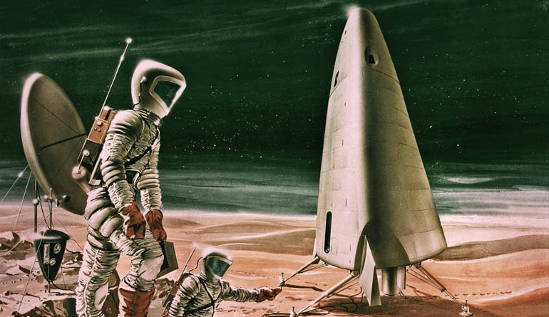 Illustrations of two astronauts on another planet