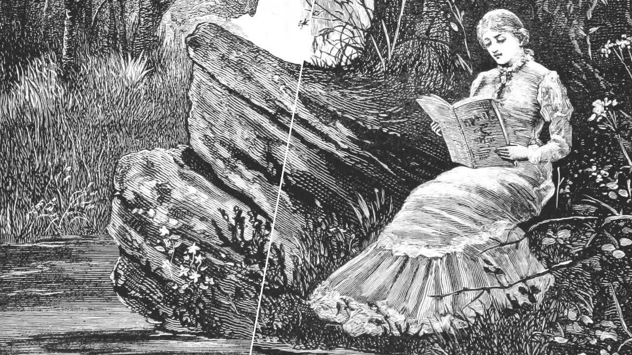 Sketch of Victorian Woman sitting by a creek reading.