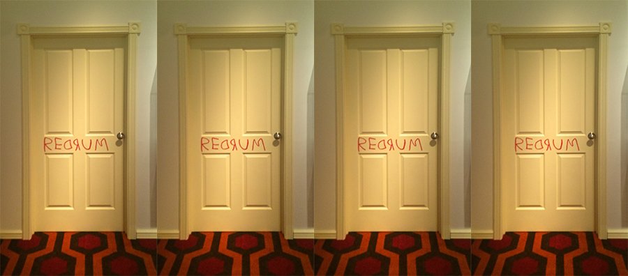 Side by side pictures of a door with the word "Redrum" written on it