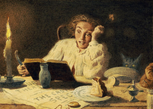 Painting of a woman with a frightened expression reading by the candlelight. 