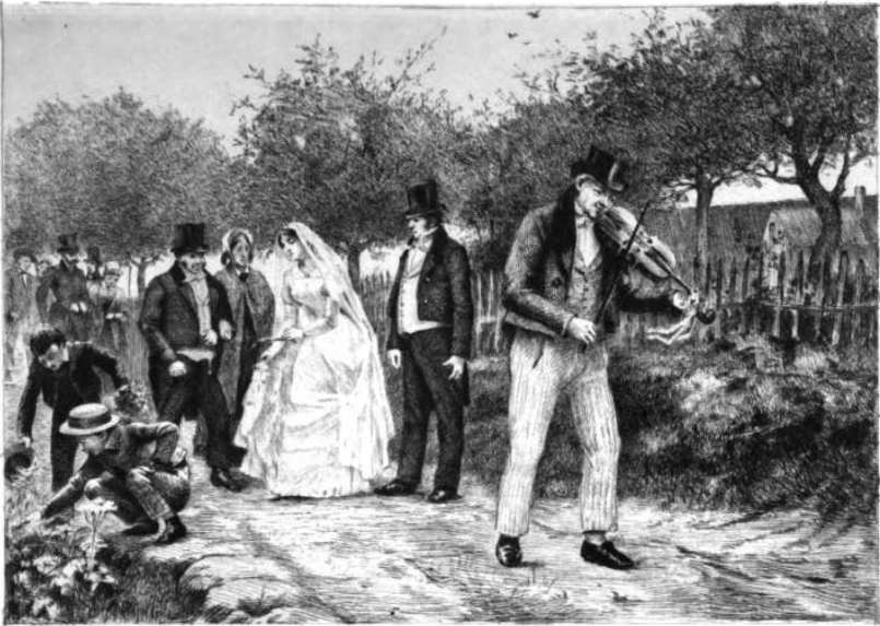 Old Madame Bovary illustration. A group of people walking behind a man playing the violin on a dirt road. 