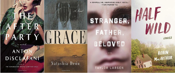 Side by side book cover of The After Party, Grace, Stranger Father Beloved, and Half Wild