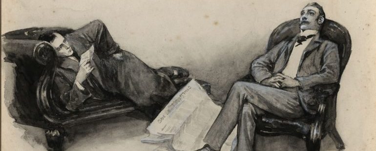 Illustration of a man lying on a couch while another sits on a chair next to it. 