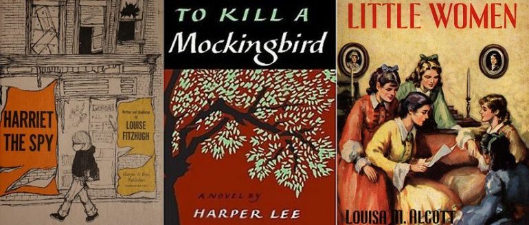 Side by side covers of Harriet the Spy by Louise Fitzhugh, To Kill a Mockingbird by Harper Lee, and Little Women by Louisa M. Alcott