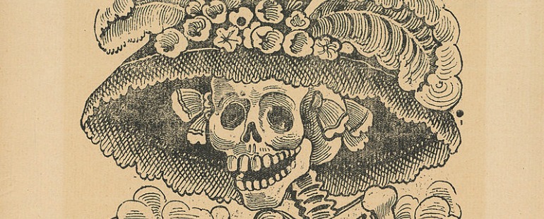 grinning skeleton in flowered hat 