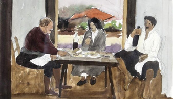 Painting of three people sitting at a table.