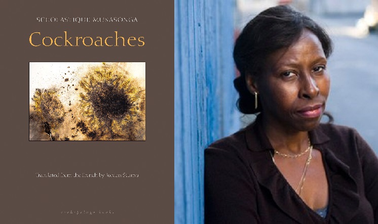 On the left is the cover of the book entitled "Cockroaches" and on the right is a woman leaning against a wall and posing for the camera.